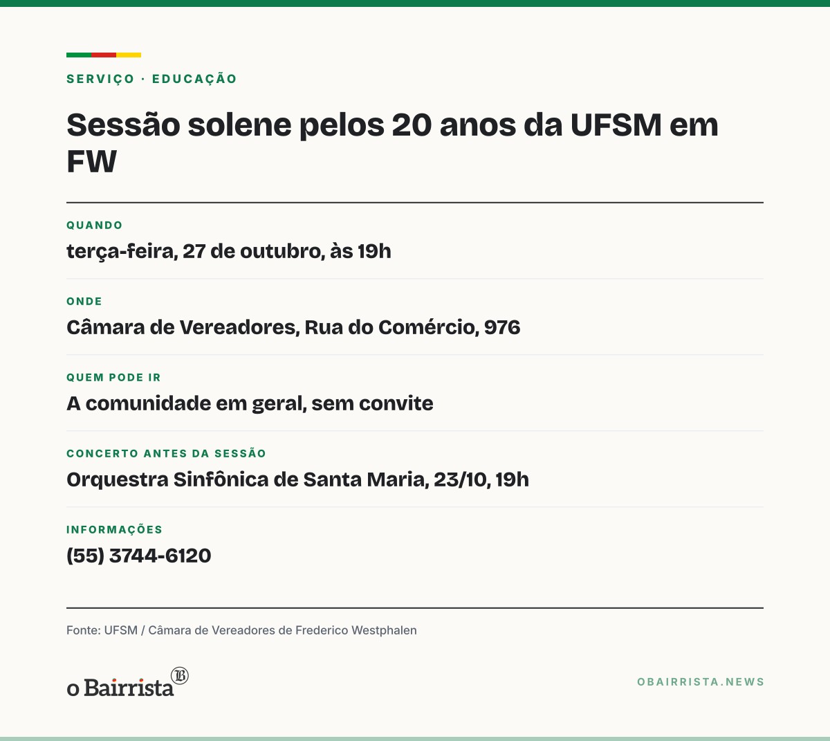 Quadro: Câmara de Frederico Westphalen faz sessão solene pelos 20 anos da UFSM na terça (27)