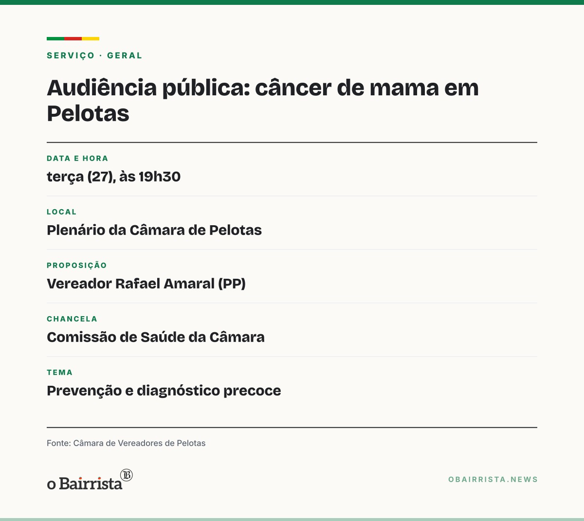 Quadro: Câmara de Pelotas debate acesso ao diagnóstico do câncer de mama em audiência terça (27)