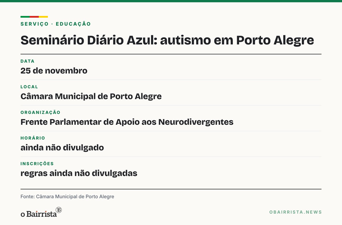 Quadro: Câmara de Porto Alegre promove seminário "Diário Azul" sobre autismo em 25 de novembro