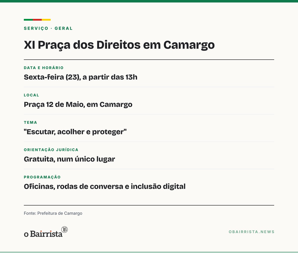 Quadro: Camargo realiza a XI Praça dos Direitos na sexta (23) com orientação jurídica gratuita