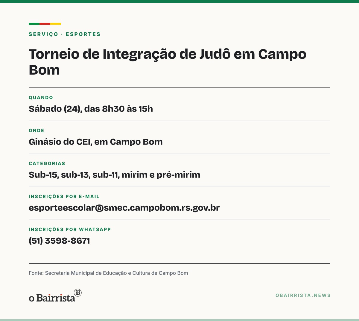 Quadro: Campo Bom recebe 10º Torneio de Integração de Judô neste sábado, com cinco categorias