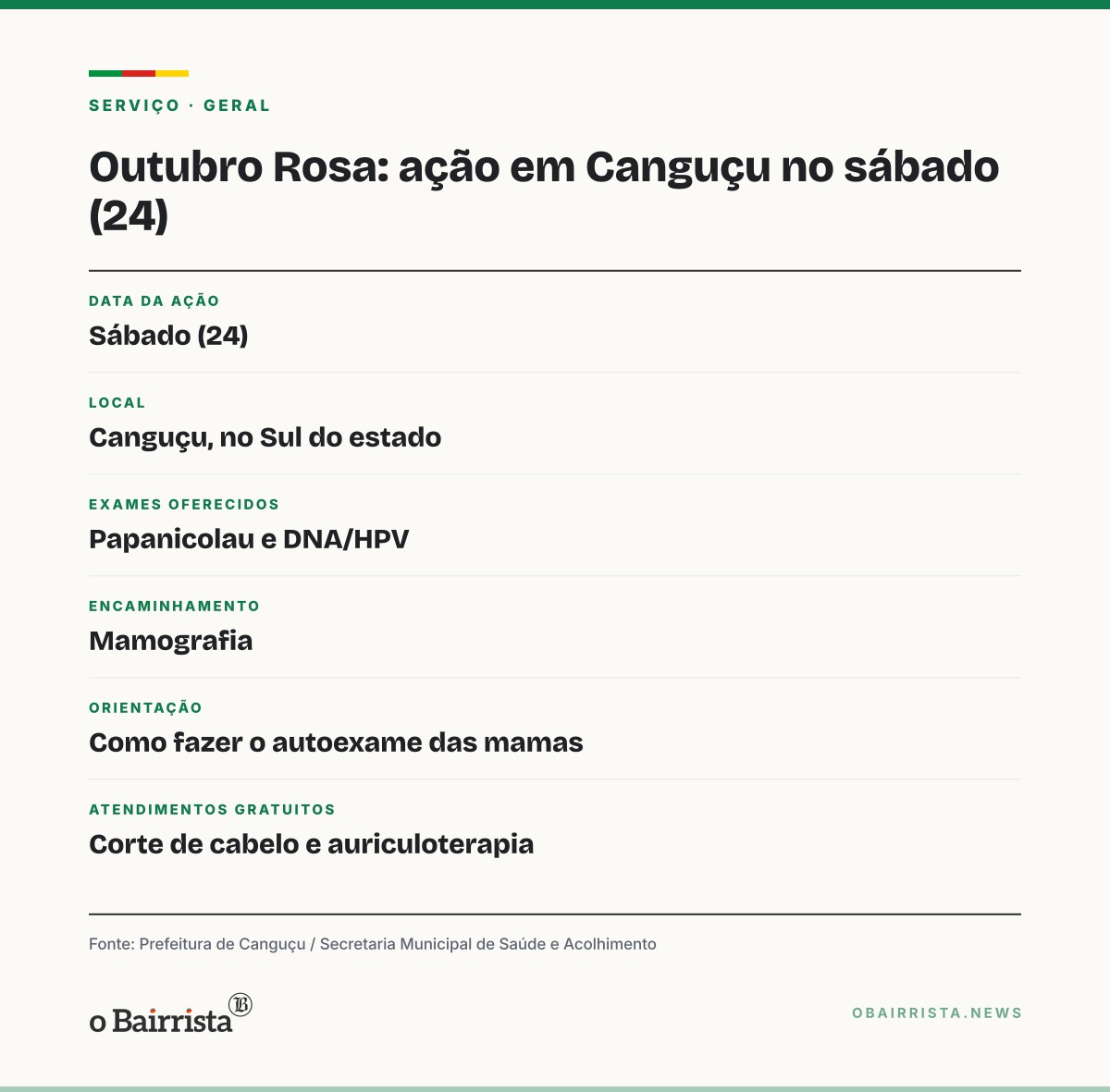Quadro: Canguçu faz ação do Outubro Rosa com coleta de Papanicolau e DNA/HPV