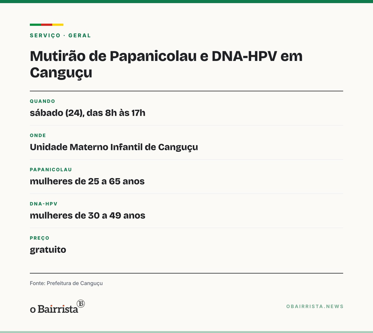 Quadro: Canguçu faz mutirão gratuito de Papanicolau e DNA-HPV neste sábado, das 8h às 17h