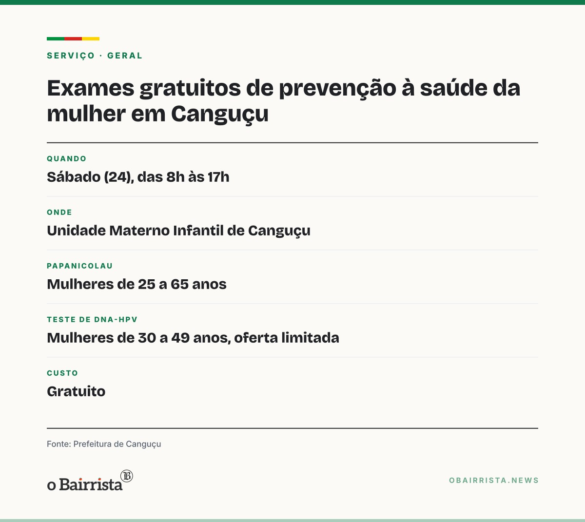 Quadro: Canguçu oferece Papanicolau e teste de DNA-HPV gratuitos neste sábado (24)