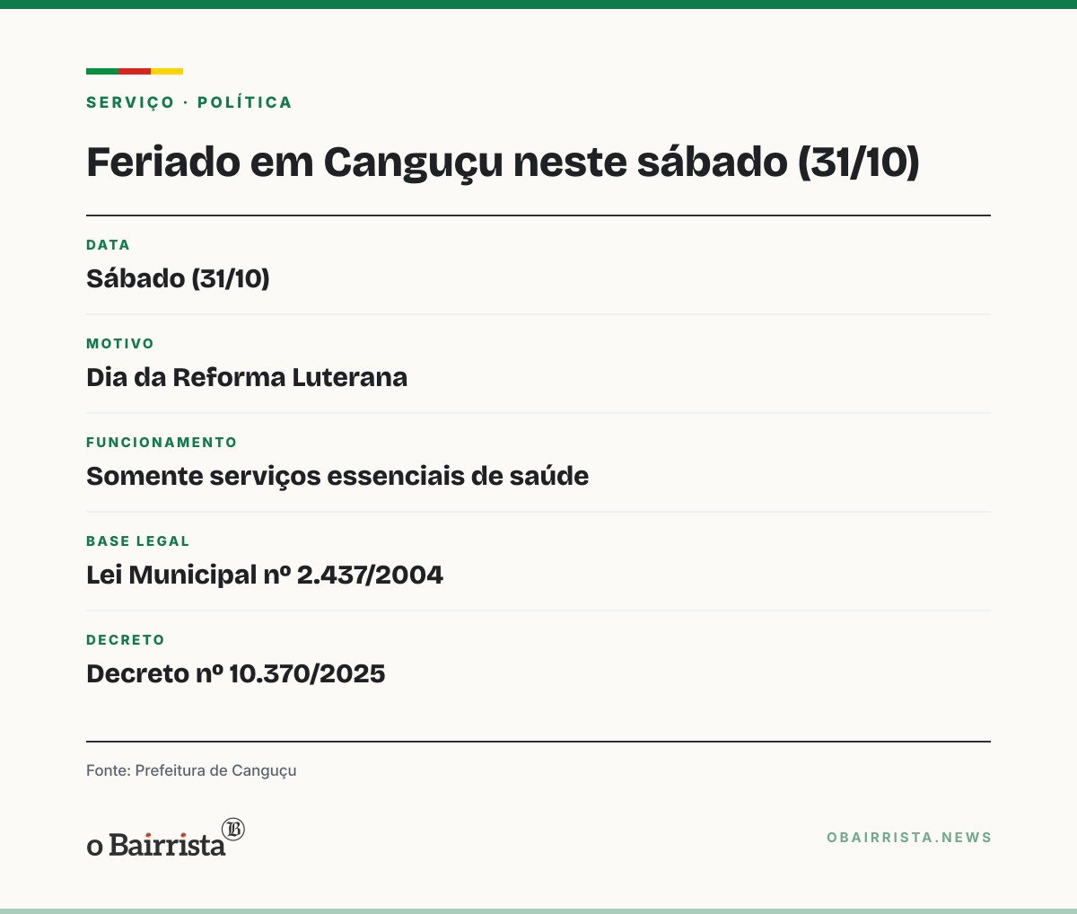 Quadro: Canguçu tem feriado municipal neste sábado e só serviços essenciais de saúde funcionam