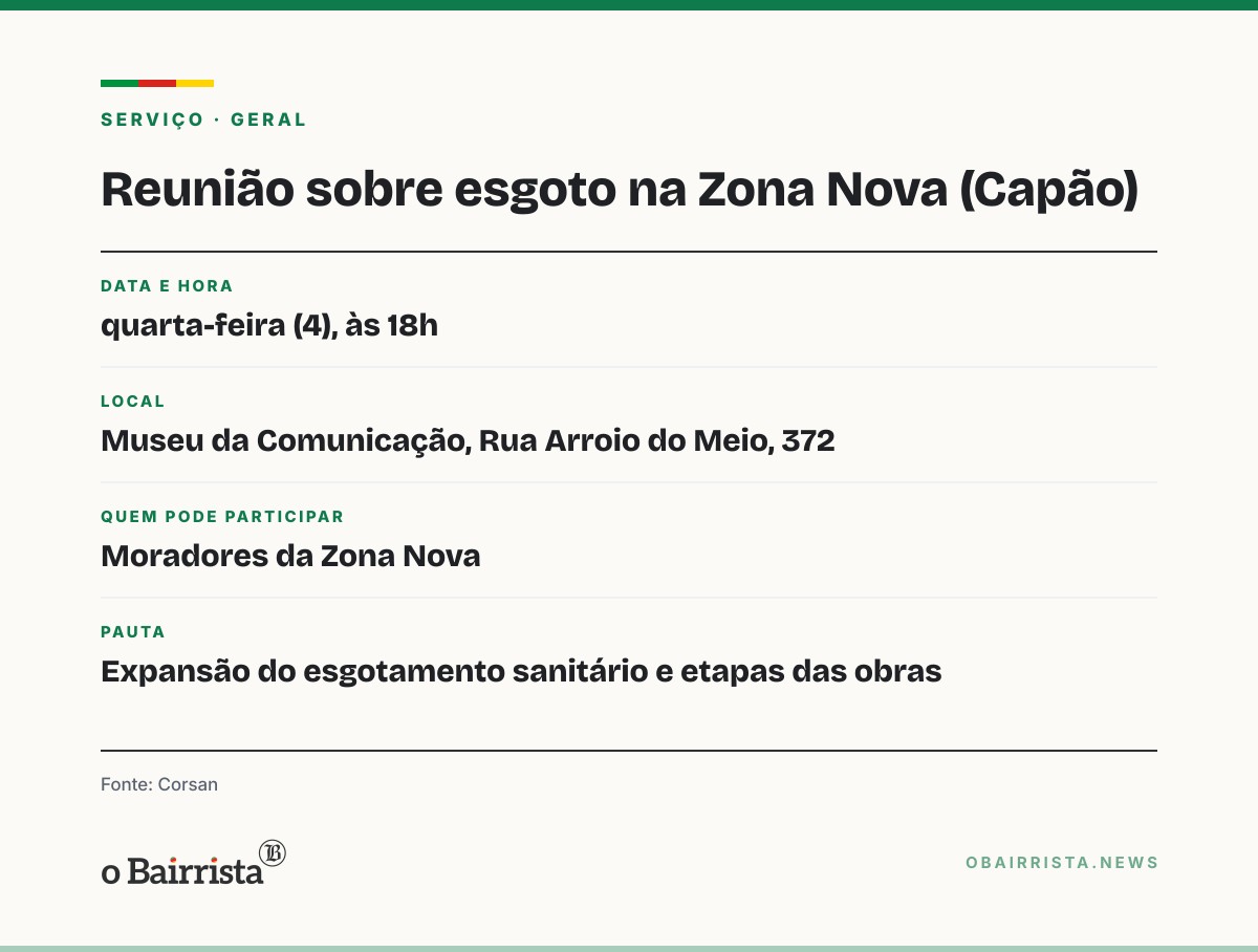 Quadro: Capão da Canoa: Corsan reúne moradores da Zona Nova na quarta (4) sobre esgoto