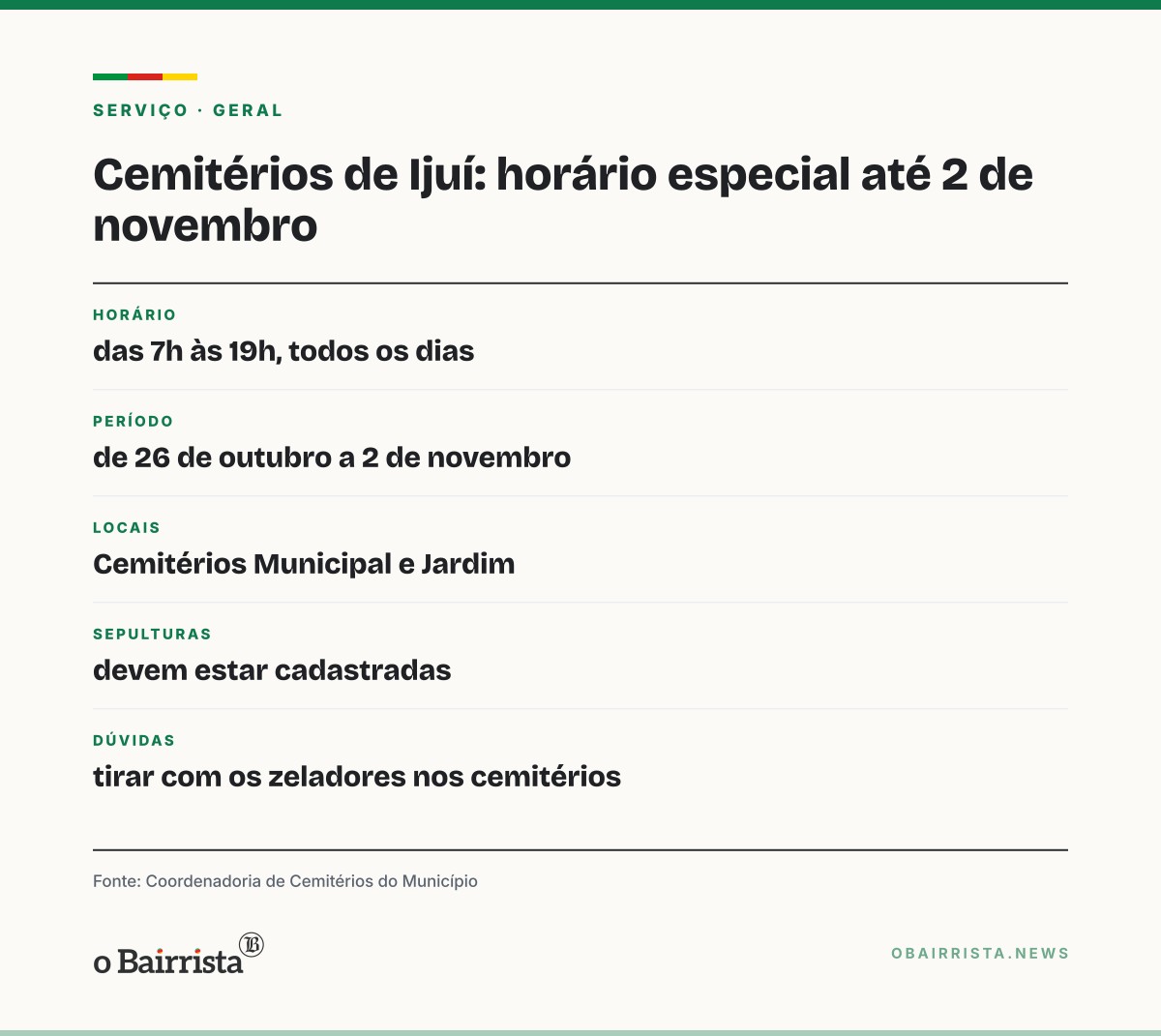Quadro: Cemitérios de Ijuí abrem das 7h às 19h até 2 de novembro, inclusive nos fins de semana