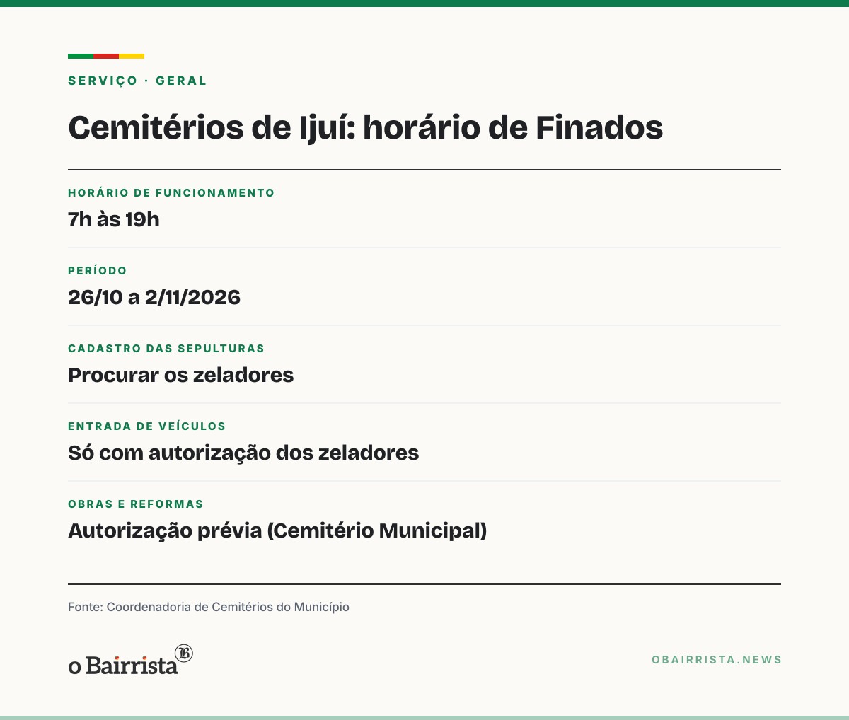 Quadro: Cemitérios de Ijuí abrem das 7h às 19h de 26 de outubro a 2 de novembro