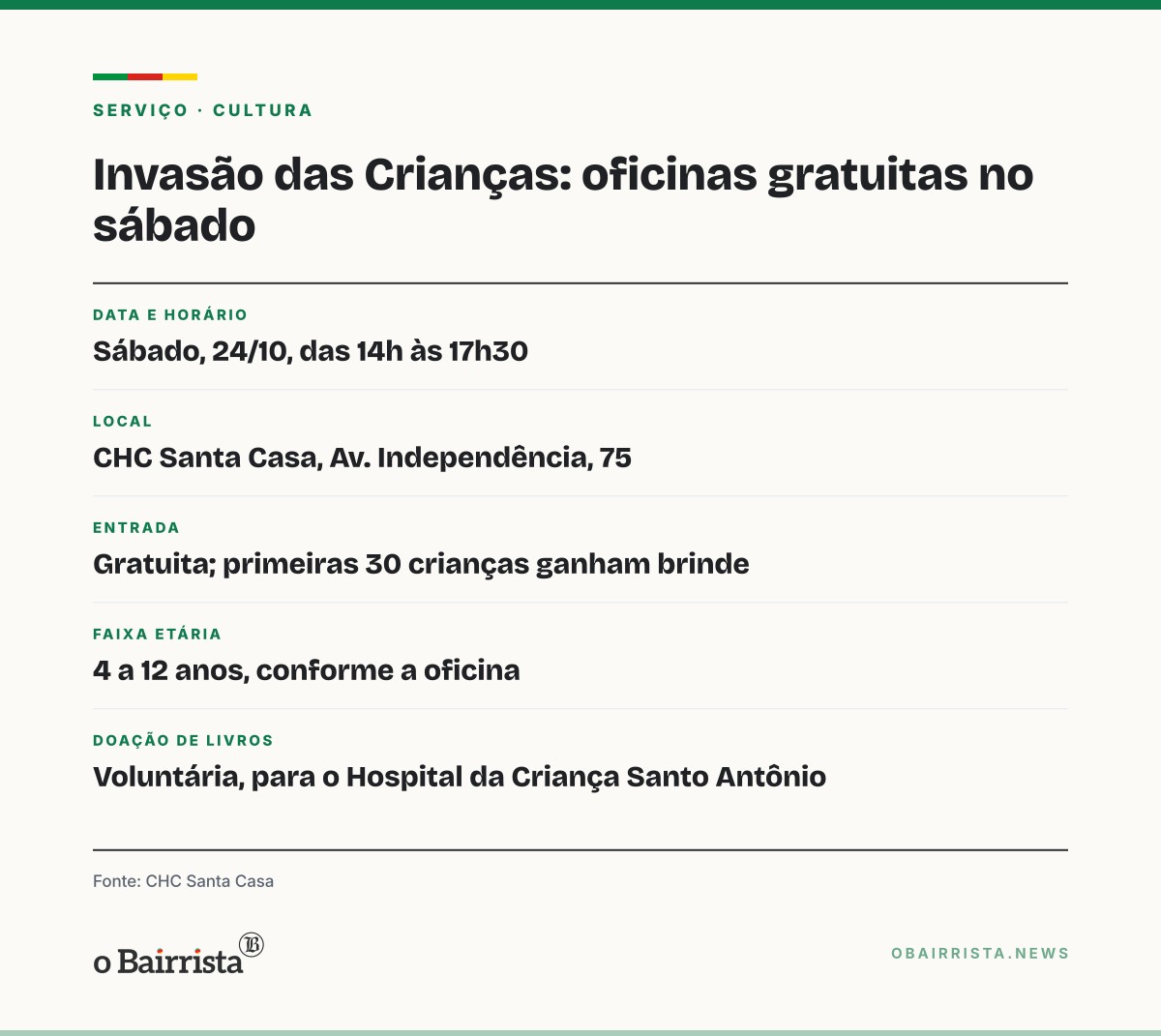 Quadro: CHC Santa Casa recebe 10ª Invasão das Crianças no sábado, com oficinas gratuitas