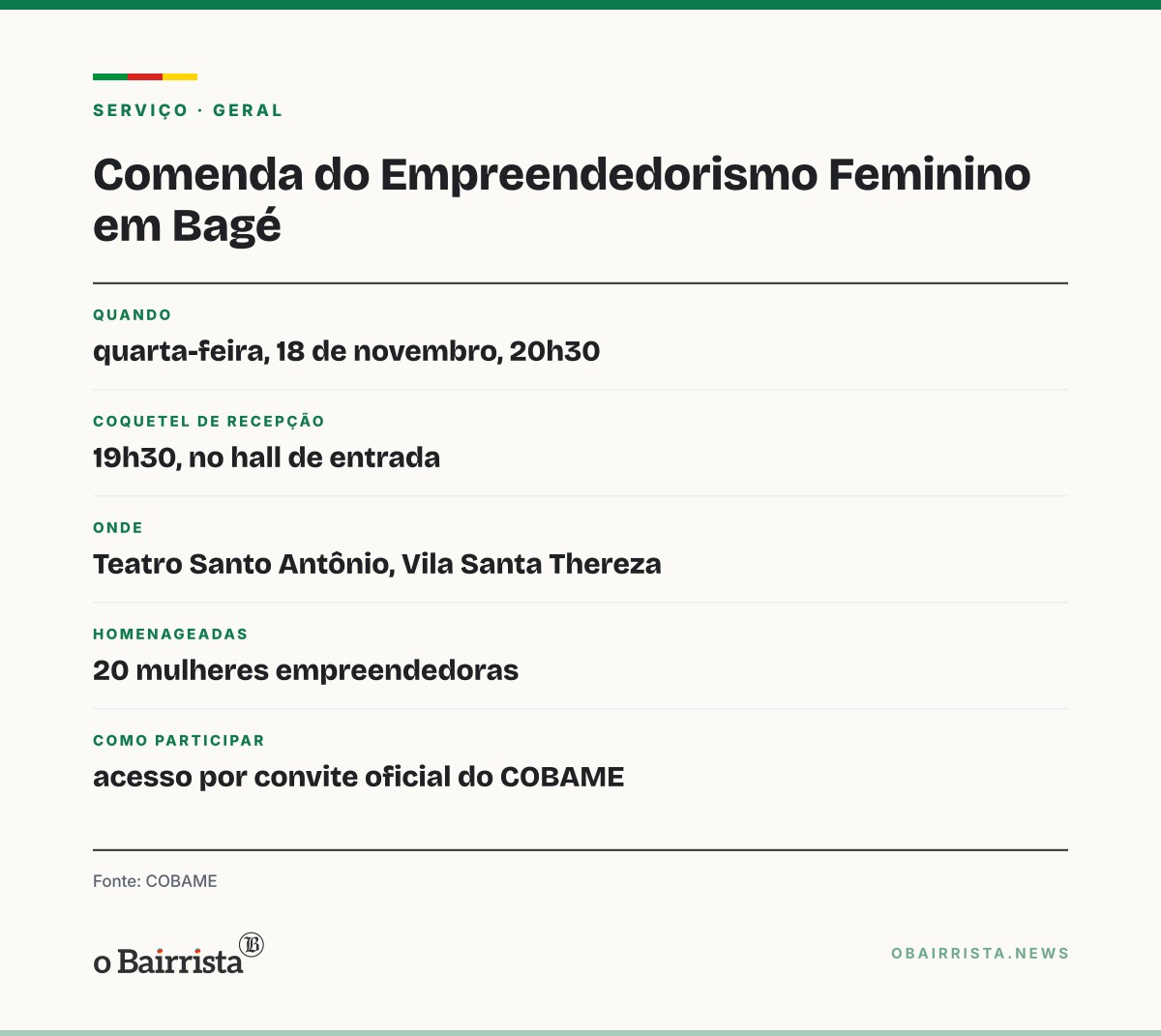 Quadro: COBAME homenageia 20 empreendedoras em 18 de novembro no Teatro Santo Antônio, em Bagé