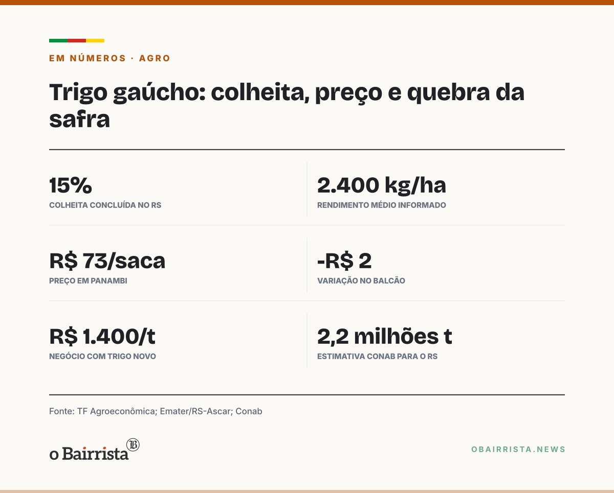 Quadro: Colheita do trigo gaúcho chega a 15%; balcão de Panambi cai R$ 2, para R$ 73 a saca