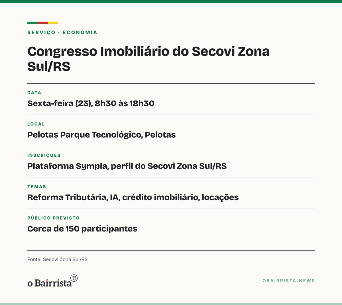 Quadro: Congresso Imobiliário reúne profissionais do setor em Pelotas nesta sexta, com Reforma Tributária e IA