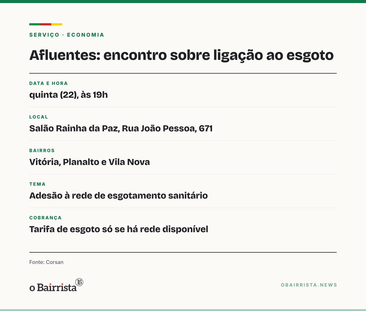 Quadro: Corsan orienta moradores de três bairros de Carlos Barbosa sobre ligação ao esgoto
