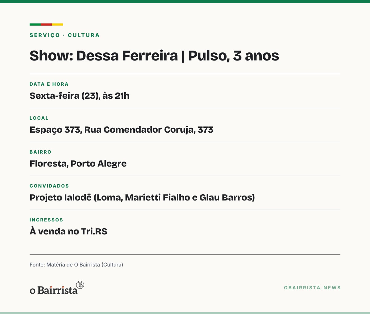 Quadro: Dessa Ferreira celebra três anos do álbum "Pulso" nesta sexta (23), no Espaço 373