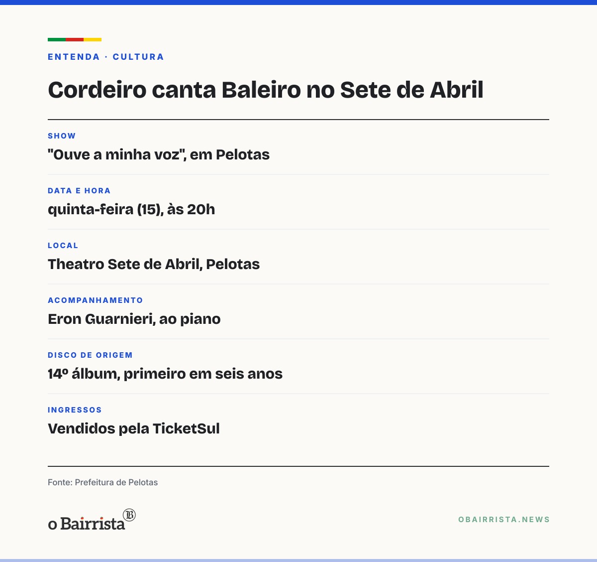 Quadro: Edson Cordeiro canta Zeca Baleiro em apresentação única no Theatro Sete de Abril