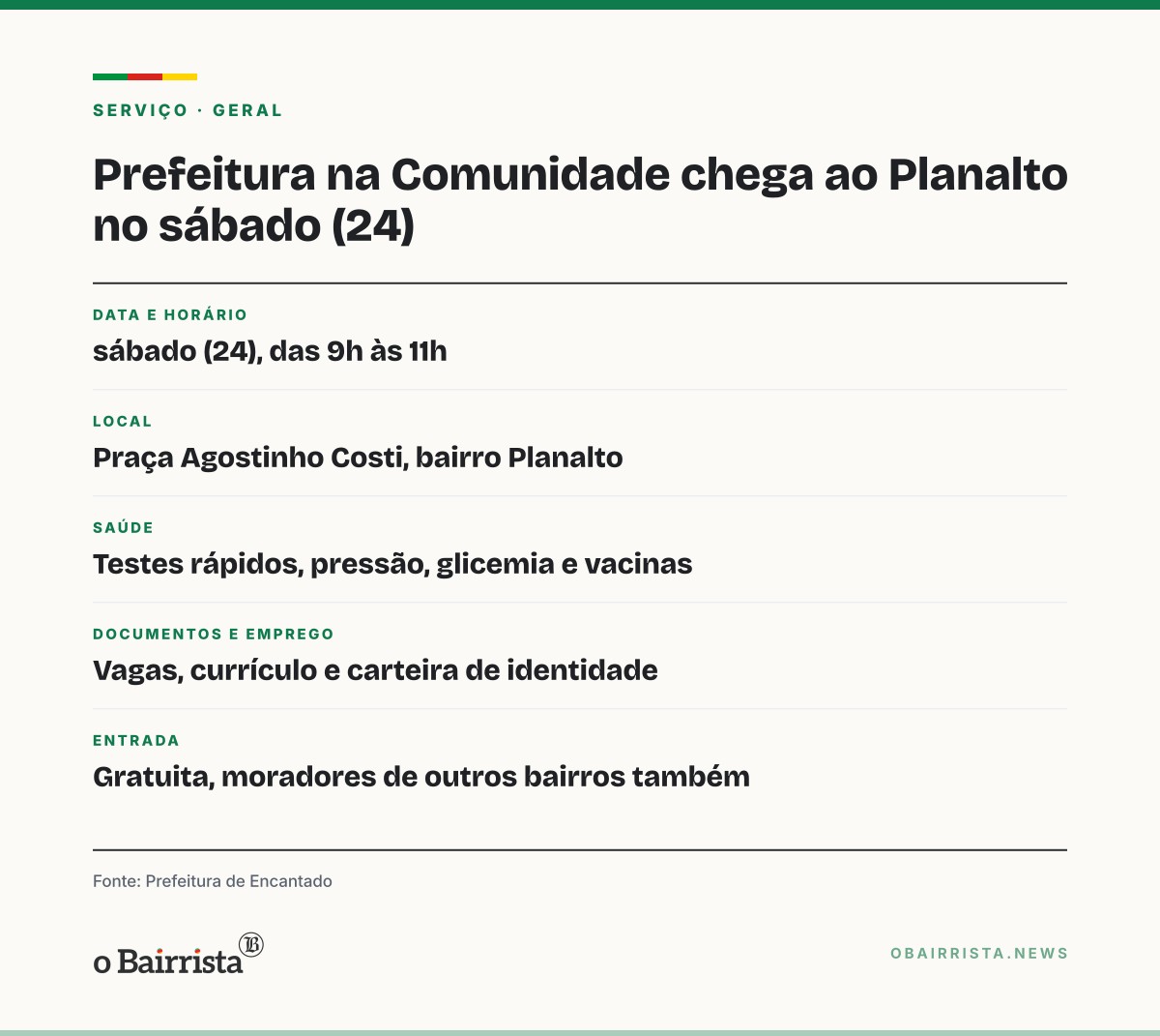 Quadro: Encantado reinaugura praça e leva vacina da gripe e serviços ao Planalto no sábado (24)