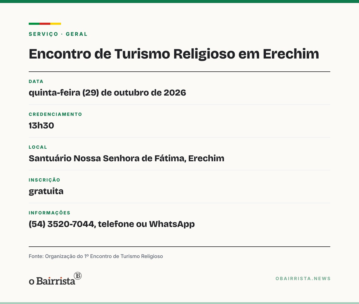 Quadro: Erechim faz em 29 de outubro o 1º Encontro de Turismo Religioso, com inscrição gratuita