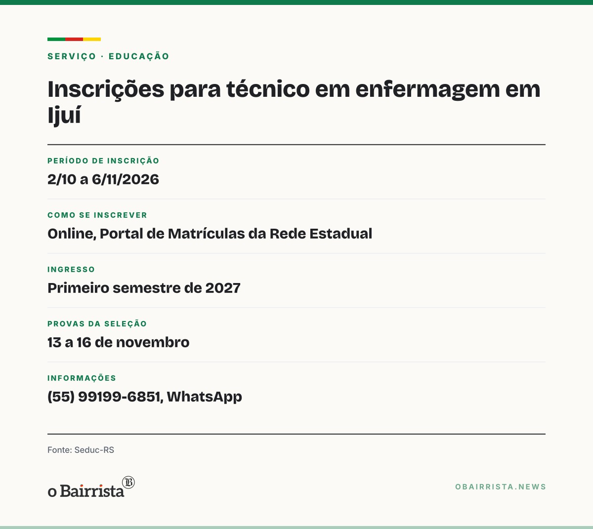 Quadro: Escola de Ijuí tem inscrições até 6 de novembro para técnico gratuito em enfermagem