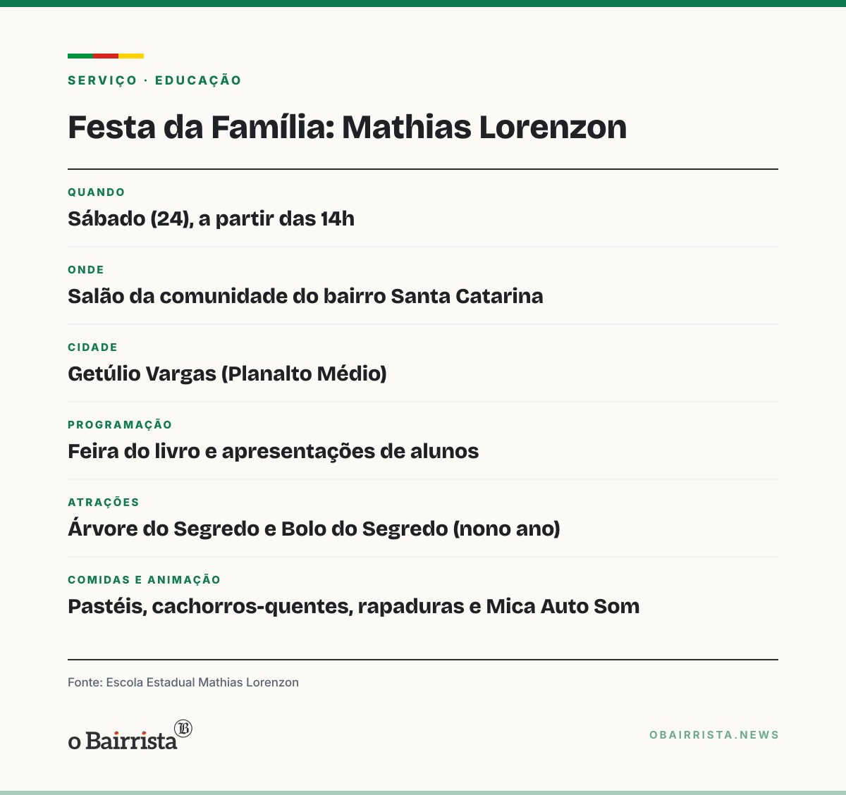 Quadro: Escola Mathias Lorenzon faz Festa da Família neste sábado (24), em Getúlio Vargas