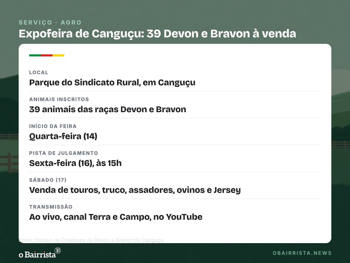 Quadro: Expofeira de Canguçu reúne 39 animais Devon e Bravon à venda nas mangueiras