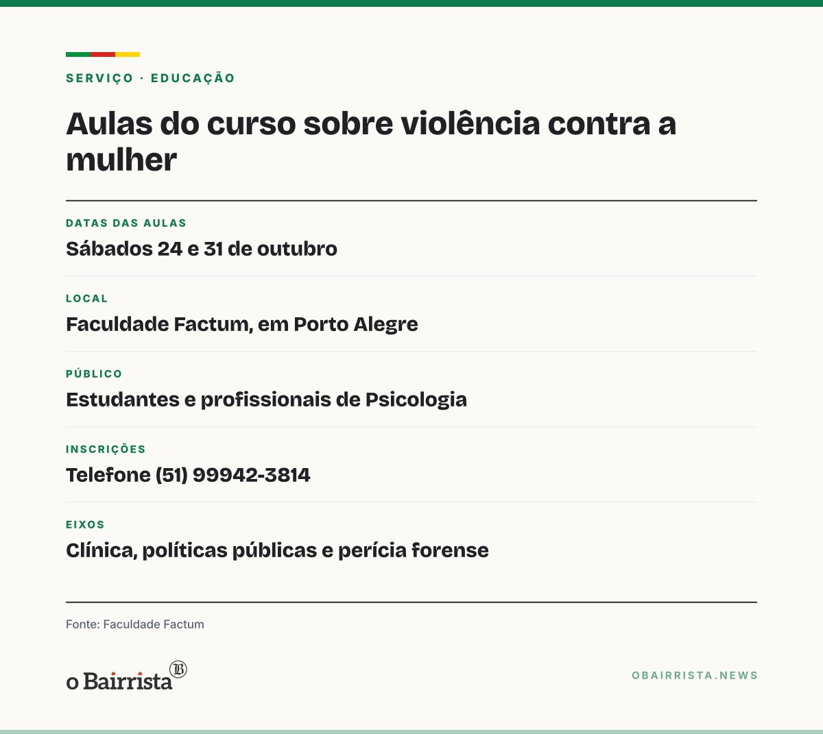 Quadro: Factum tem aulas de curso sobre violência contra a mulher nos sábados 24 e 31