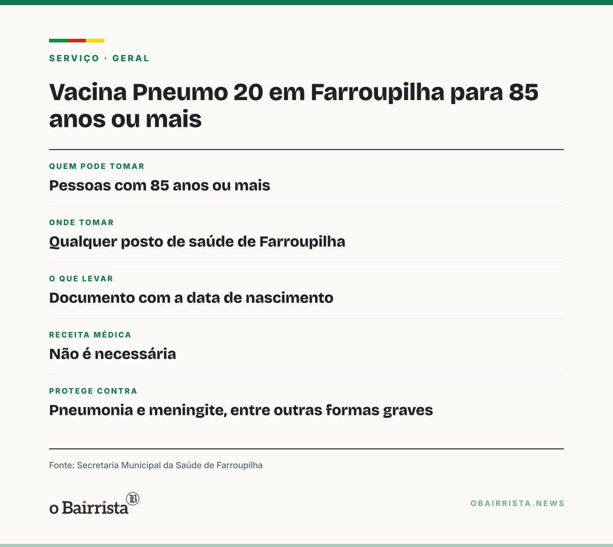 Quadro: Farroupilha oferece vacina Pneumo 20 a quem tem 85 anos ou mais nos postos de saúde