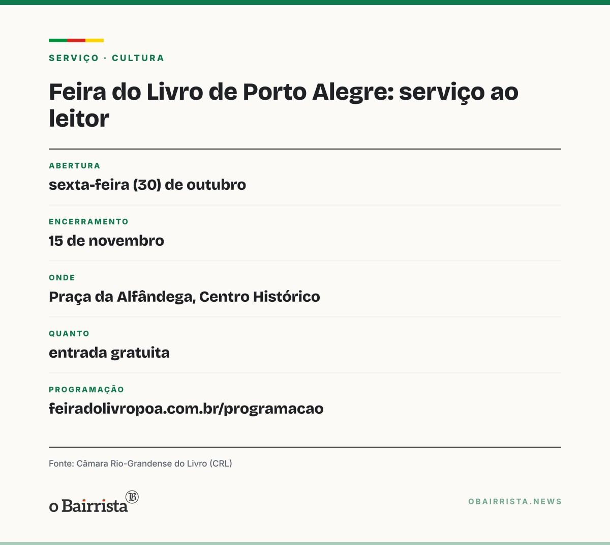 Quadro: Feira do Livro abre sexta (30) na Alfândega e hotéis da Capital projetam 80% de ocupação