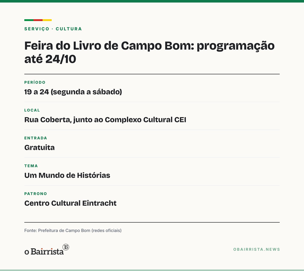 Quadro: Feira do Livro de Campo Bom segue até sábado (24) com vale-livro ampliado