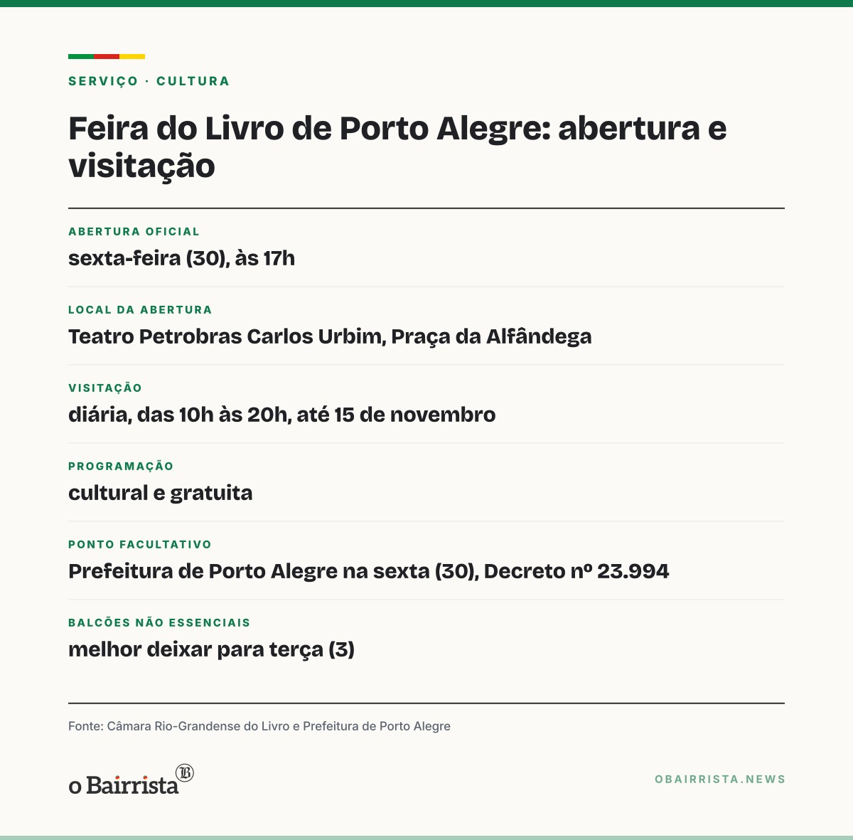 Quadro: Feira do Livro de Porto Alegre abre na sexta (30), dia de ponto facultativo na Prefeitura
