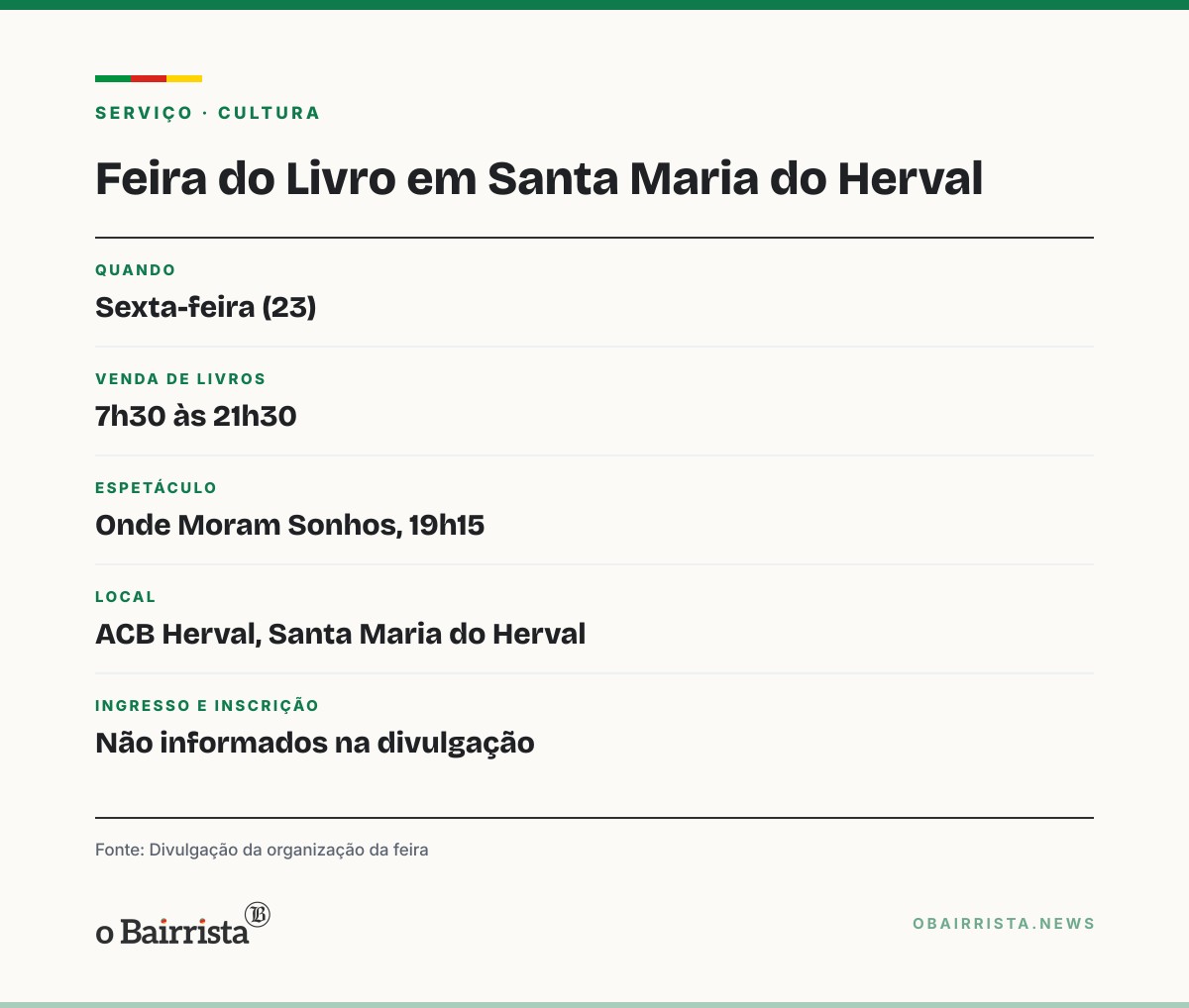 Quadro: Feira do Livro de Santa Maria do Herval vende livros até 21h30 e tem peça às 19h15