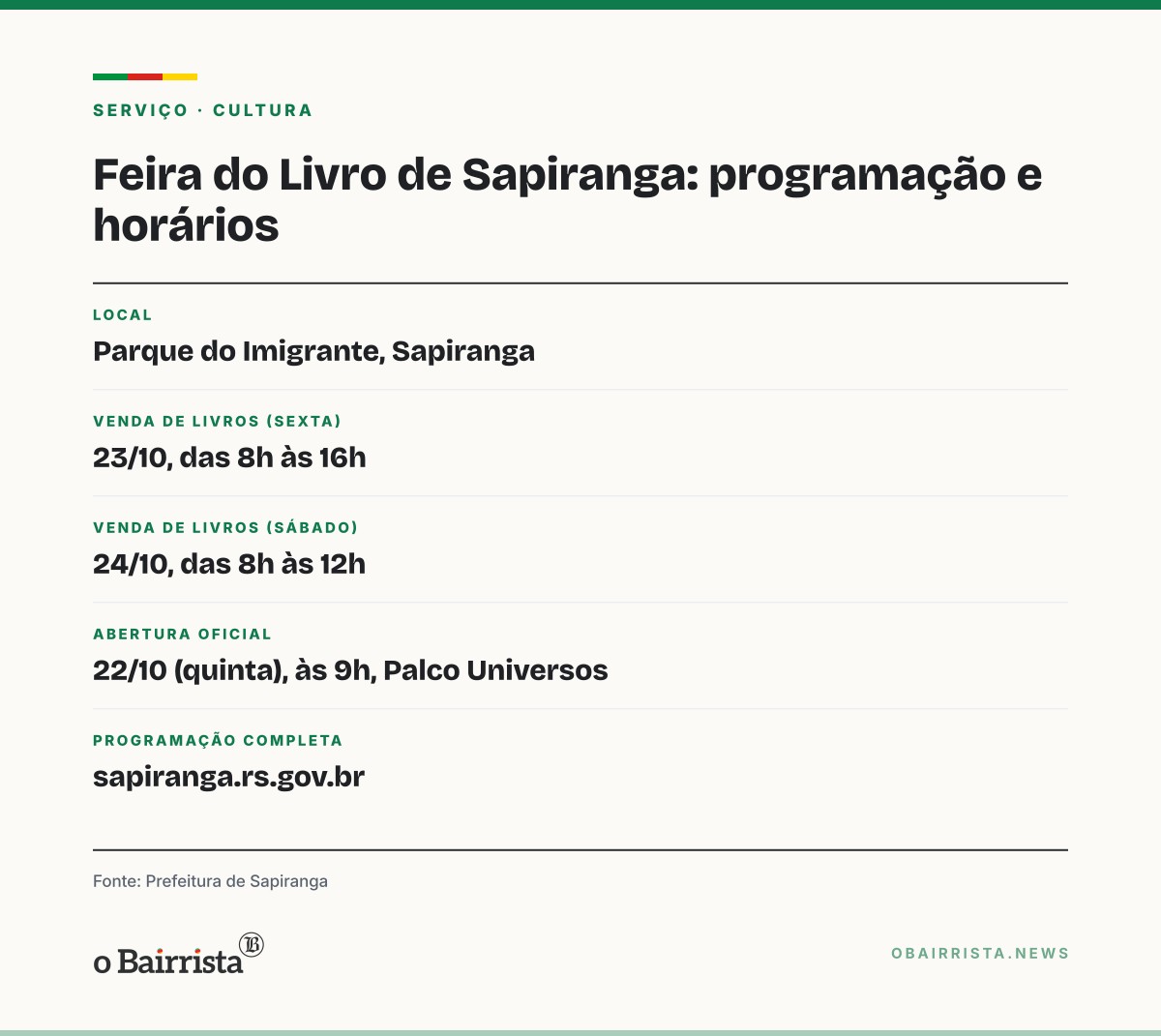 Quadro: Feira do Livro de Sapiranga vai até sábado com entrada gratuita no Parque do Imigrante