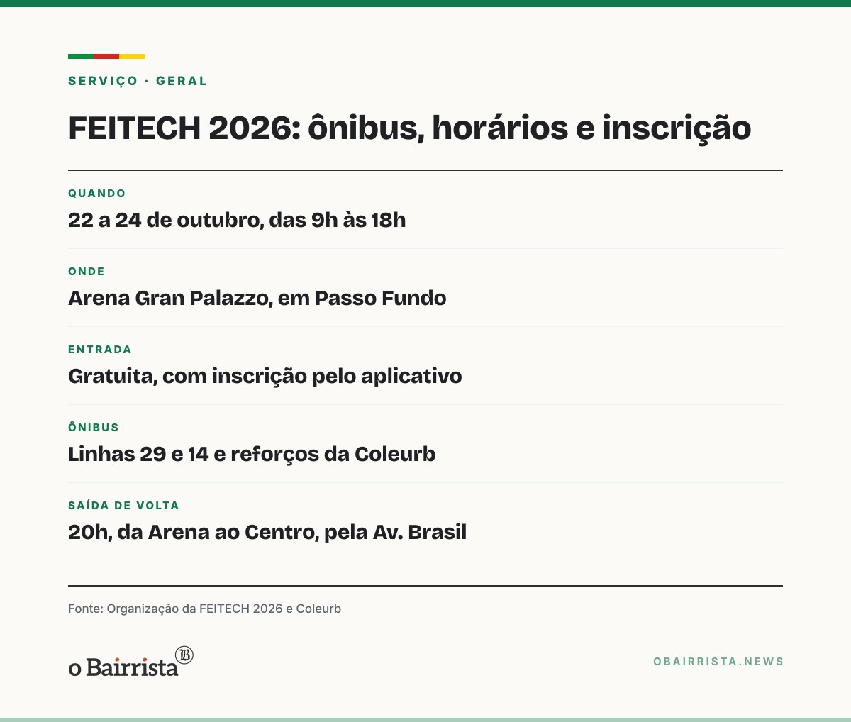Quadro: FEITECH, em Passo Fundo, terá ônibus especiais da Coleurb e saída da Arena às 20h
