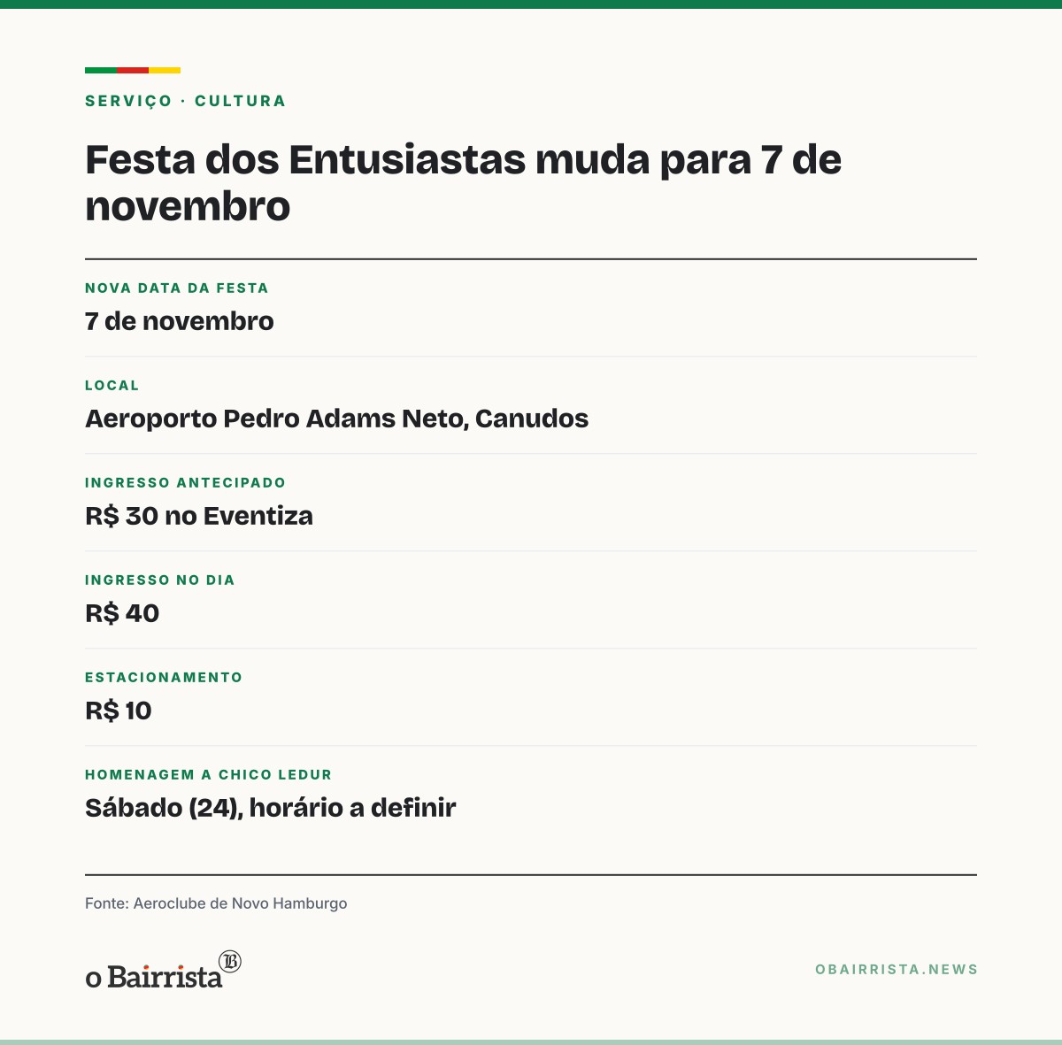 Quadro: Festa dos Entusiastas é adiada para 7 de novembro; homenagem a Chico Ledur segue sábado