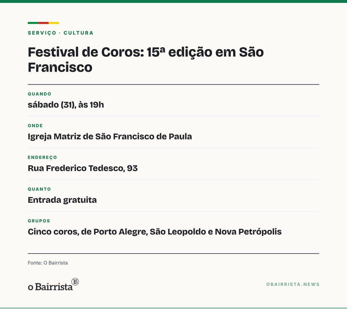 Quadro: Festival de Coros reúne cinco grupos na Matriz de São Francisco de Paula dia 31