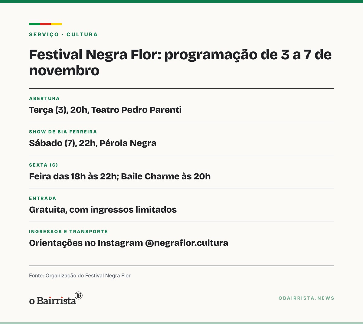 Quadro: Festival Negra Flor traz Bia Ferreira a Caxias em 7 de novembro, com entrada gratuita