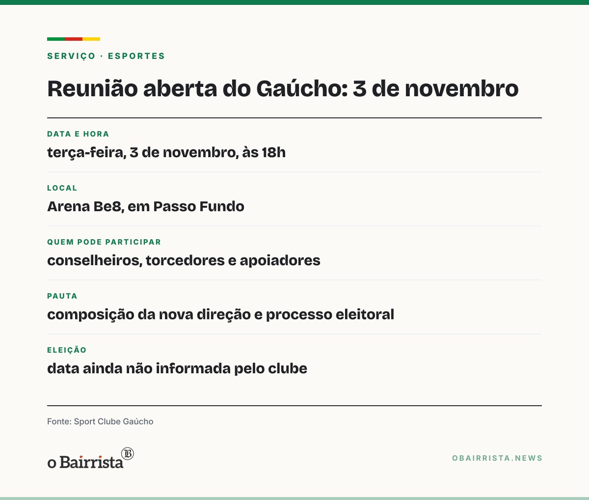 Quadro: Gaúcho convoca reunião aberta em 3 de novembro para discutir nova direção do clube