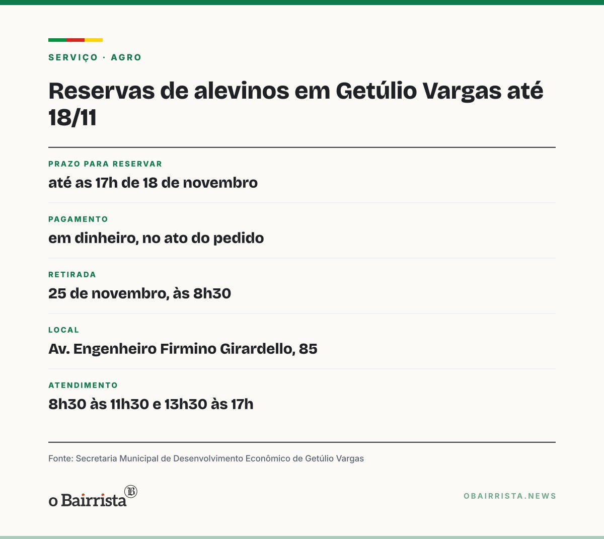 Quadro: Getúlio Vargas abre reservas de alevinos para produtores rurais até 18 de novembro