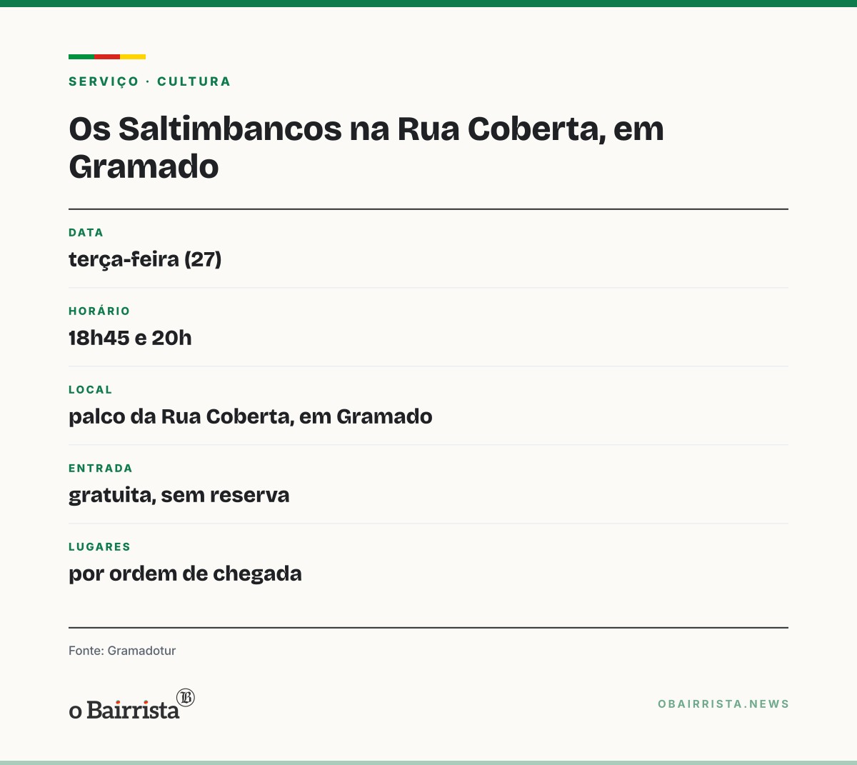 Quadro: Gramado encena "Os Saltimbancos" na Rua Coberta em 27 de outubro, com entrada gratuita
