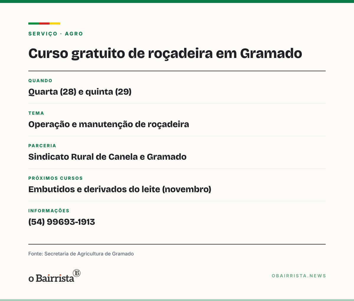 Quadro: Gramado tem curso gratuito de roçadeira até quinta e mais dois em novembro