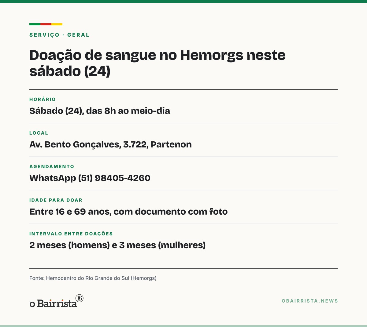 Quadro: Hemorgs abre expediente extra neste sábado (24) para doação de sangue em Porto Alegre