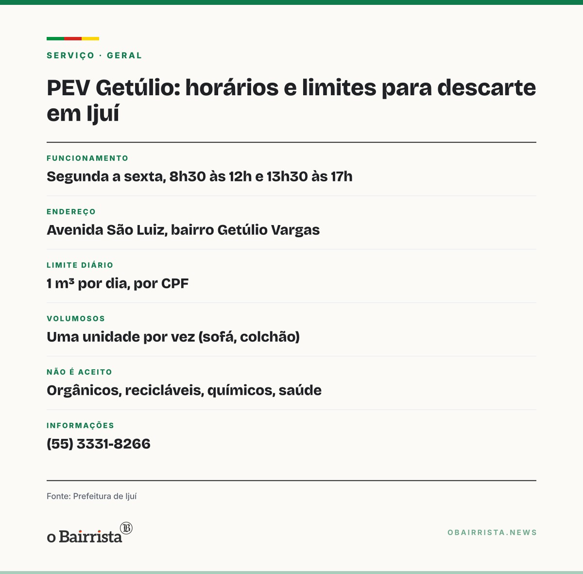 Quadro: Ijuí recebe entulho, móveis, pneus e eletrônicos no PEV Getúlio, de segunda a sexta