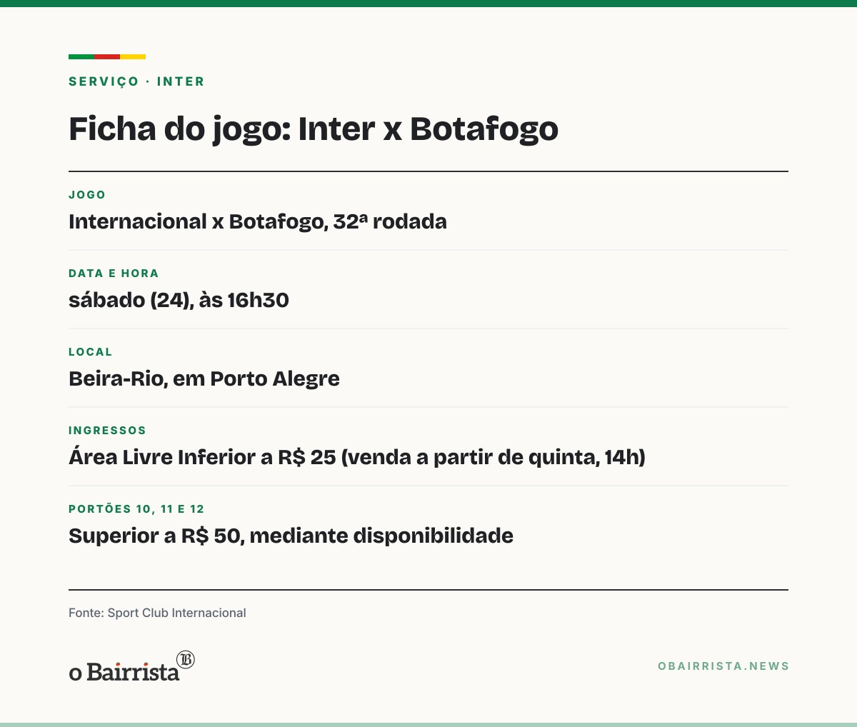 Quadro: Inter vende ingresso a R$ 25 para não sócios contra o Botafogo; venda abre quinta (22)
