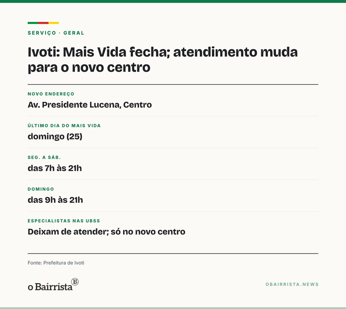 Quadro: Ivoti inaugura centro com PA e especialidades no mesmo prédio; Mais Vida fecha domingo