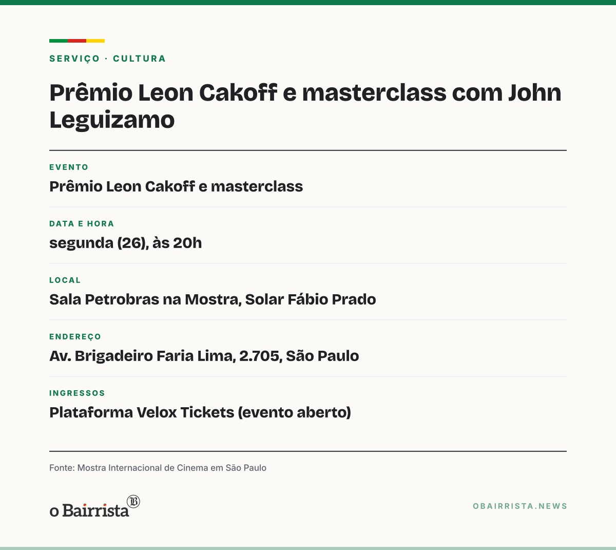 Quadro: John Leguizamo, de 'A Odisseia', recebe Prêmio Leon Cakoff e dá masterclass em SP
