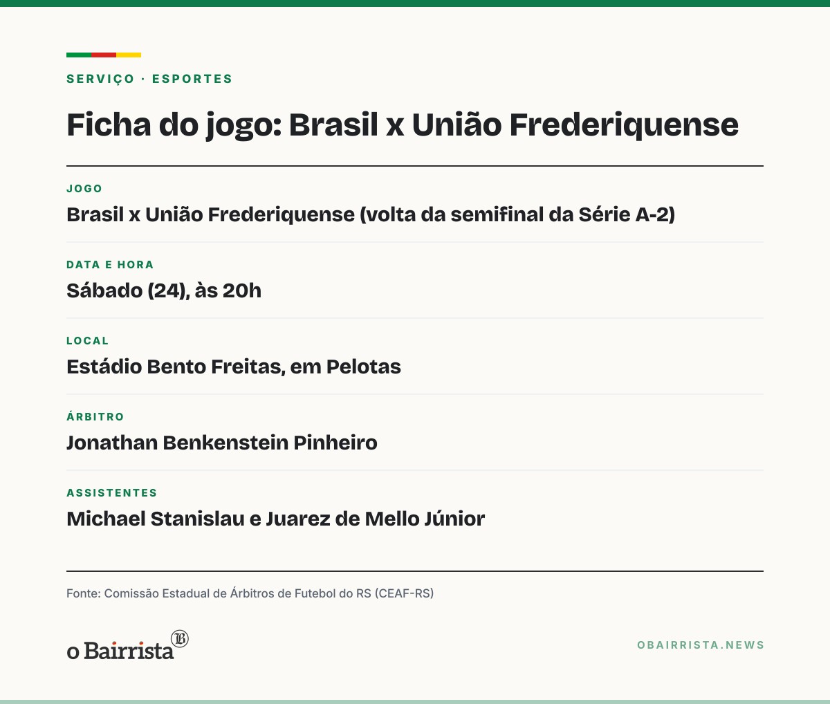 Quadro: Jonathan Pinheiro apita Brasil x União Frederiquense, sábado, pelo acesso ao Gauchão