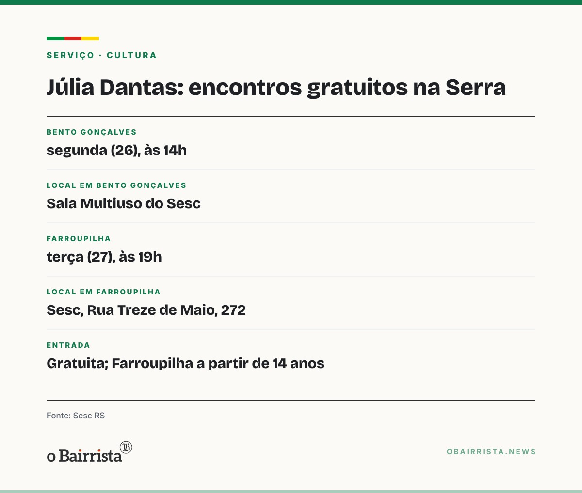 Quadro: Júlia Dantas conversa com leitores em Bento Gonçalves e Farroupilha na segunda e na terça