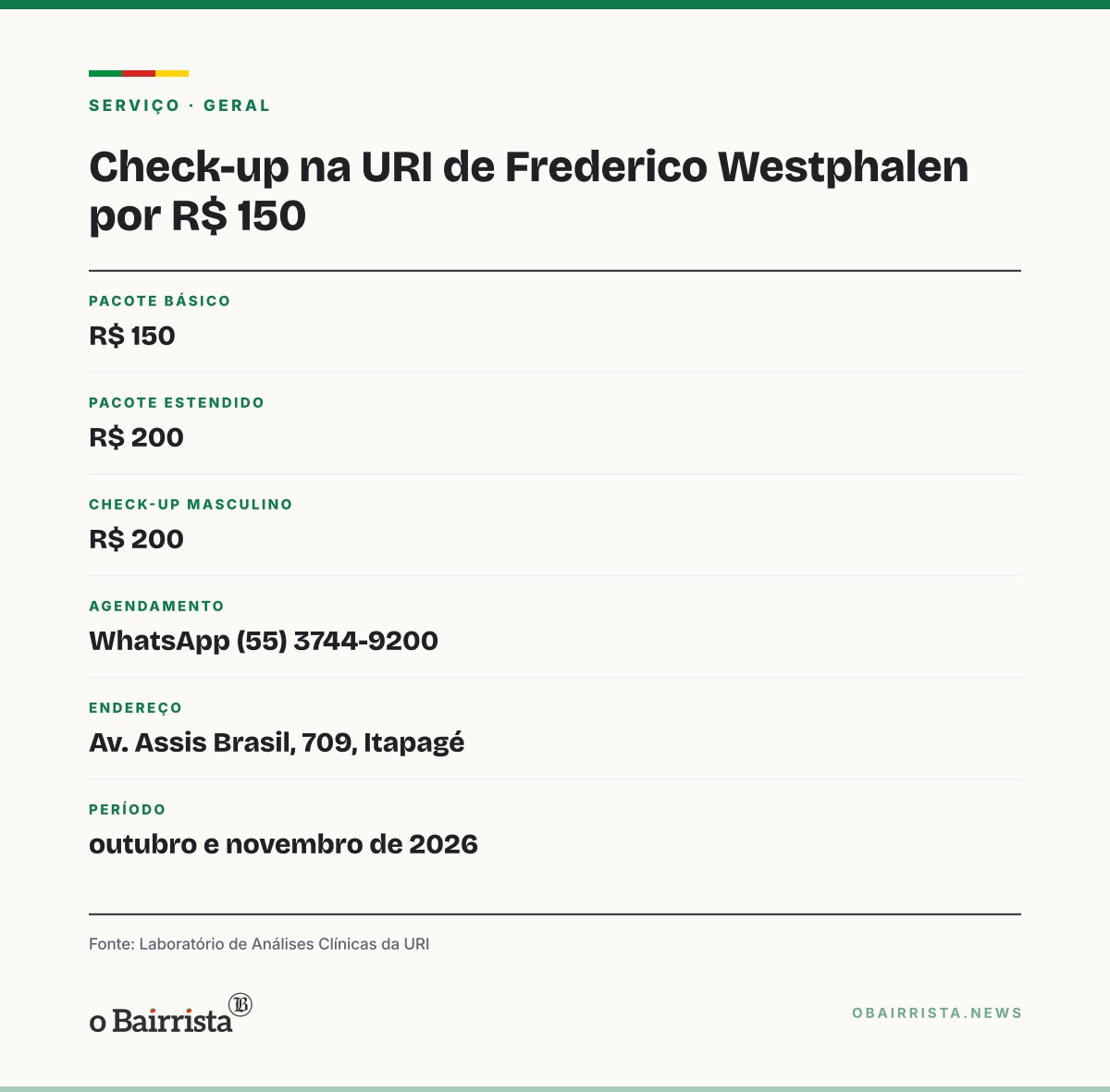 Quadro: Laboratório da URI em Frederico Westphalen tem check-up a partir de R$ 150 até novembro