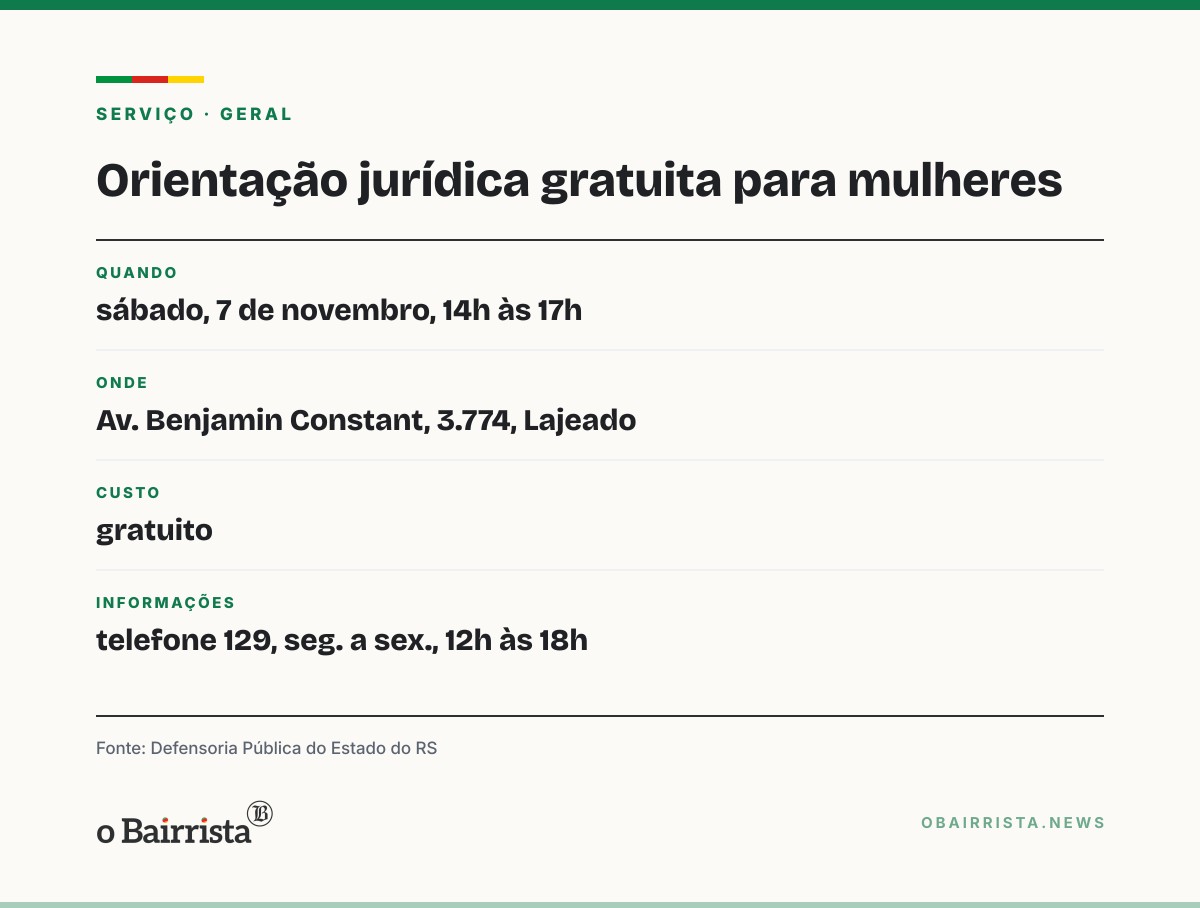 Quadro: Lajeado: Defensoria oferece orientação jurídica a mulheres no Santo Antônio dia 7