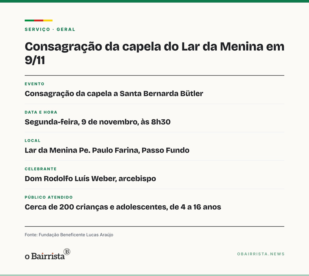 Quadro: Lar da Menina, em Passo Fundo, consagra capela a Santa Bernarda Bütler em 9 de novembro