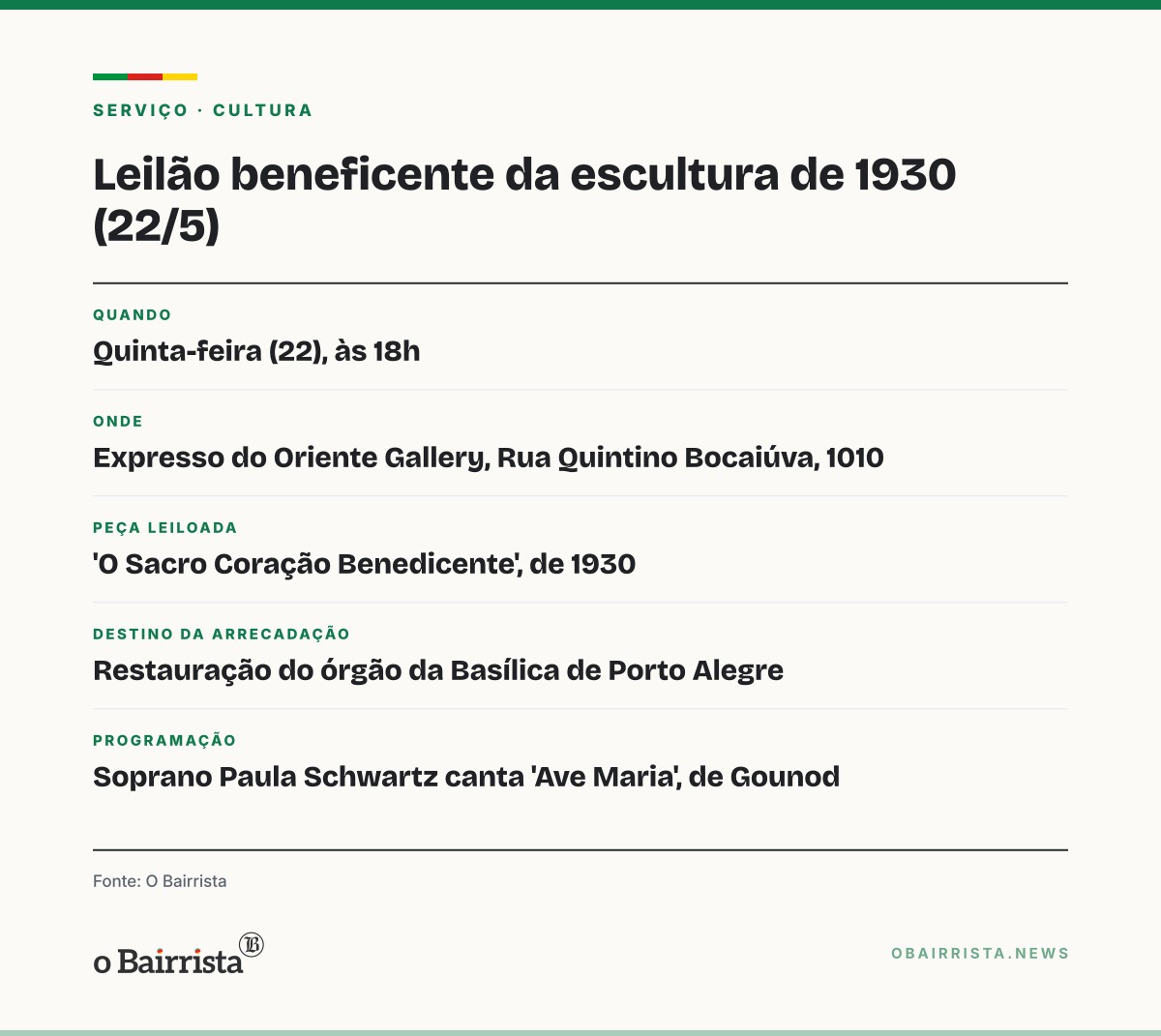 Quadro: Leilão na quinta (22) vende escultura italiana de 1930 para restaurar órgão da Basílica